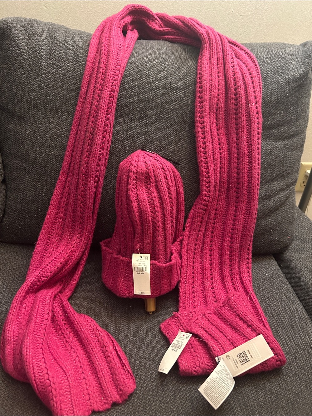 Children's Cable Knit Beanie and Scarf Set - Bright Pink